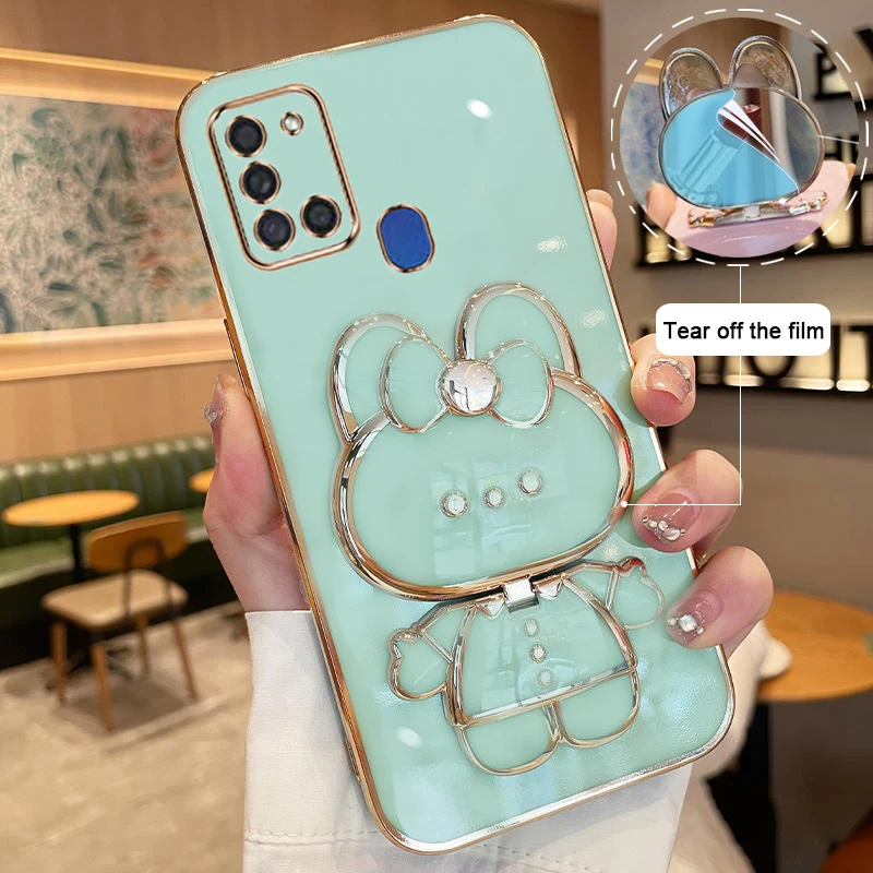 Funda de teléfono brillante de TPU cuadrada con revestimiento de lujo para Samsung Galaxy A21s GalaxyA21s, funda trasera de silicona suave con espejo y soporte bonito