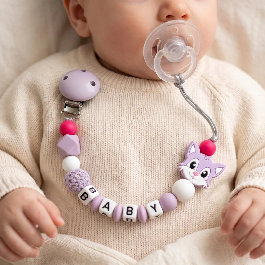 Personalized Pacifier Clip Custom Name Silicone Beads Cute Cat Charm Soother Holder Dummy Clip Pacifier Chain Baby Shower Gift