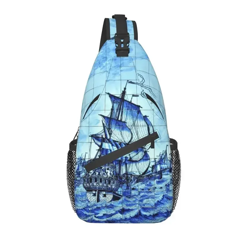 

Casual Vinage Blue Delft Ship Fleet Tiles Sling Crossbody Backpack Men Retro Sailboat Shoulder Chest Bag for Camping Biking