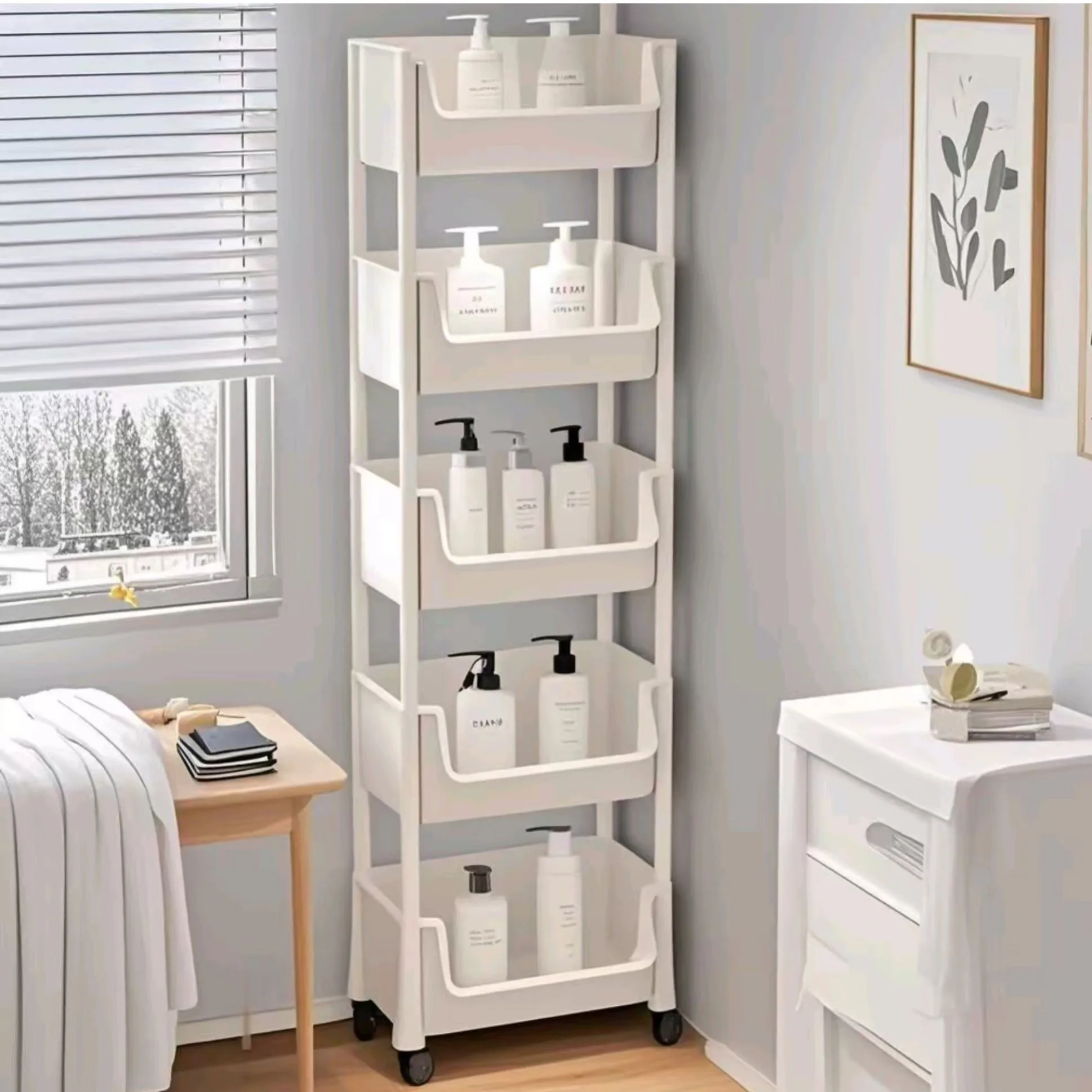 5-tier Storage Rack Storage Cart Bookshelf - Mobile Storage Rack with Wheels for Living Room Bedroom Dormitory Book Storage Rack image 2