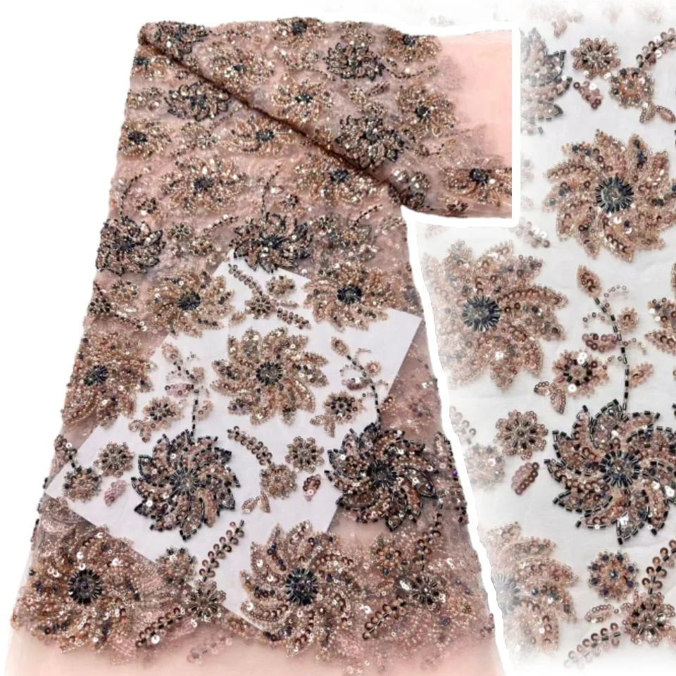 

Delicate Eligant Heavy Beads Lace Fabric High Quality 2025 Embroiderd Sequins Tulle Lace Fabric for Wedding Evening Dress SZ1704