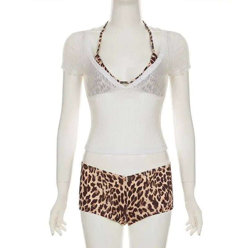 Y2K レオパード柄 ホルタービキニセット シアー半袖カバーアップ レディース ショートパンツ リブ編み ビーチ トレンド水着 水着 2026