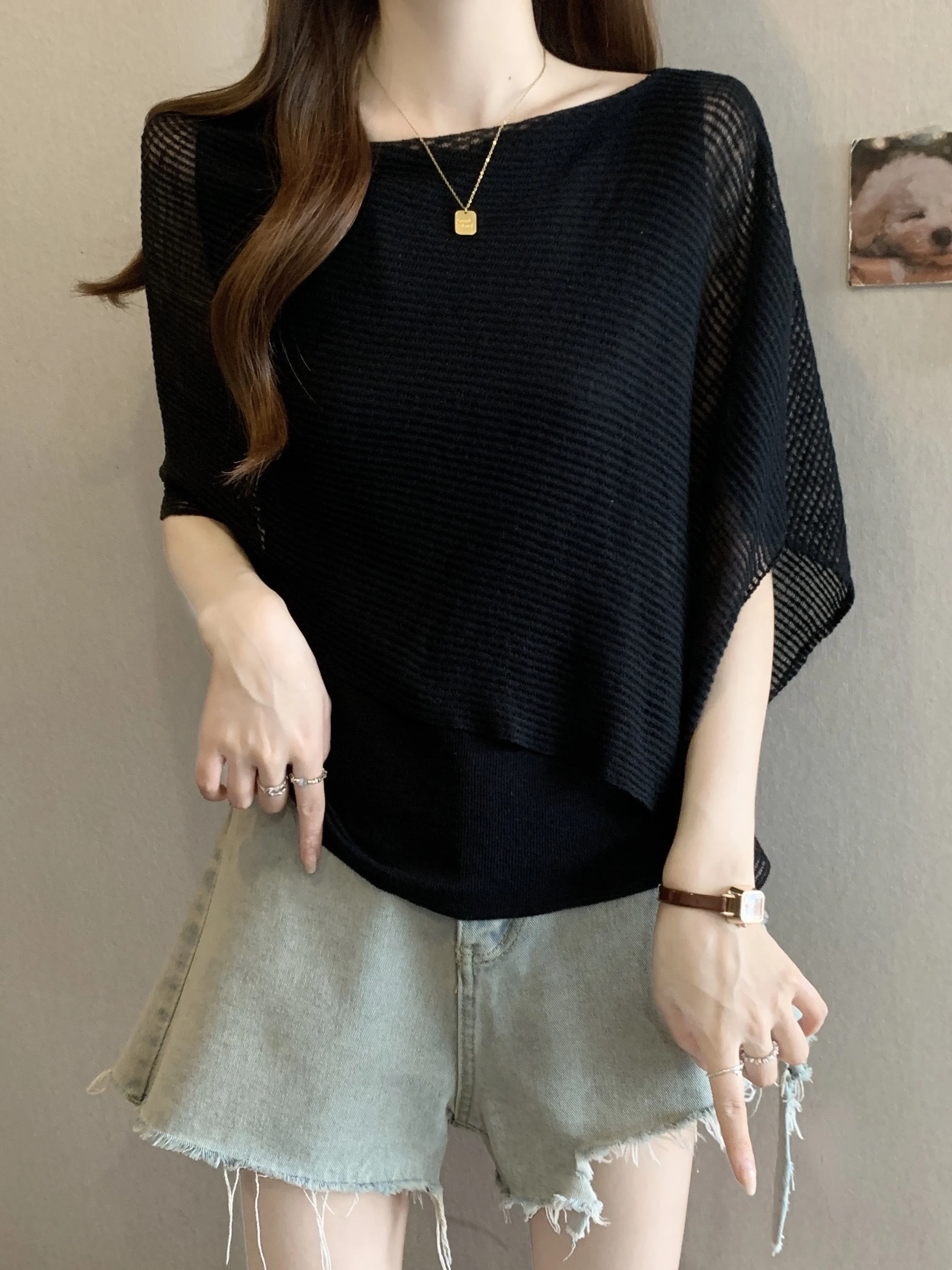 Ladies Summer Ice Silk Short Sleeve T-Shirt Kimono Shoulder Wrap Casual Style plus Size Comfortable Top Korean Version Loose Fit