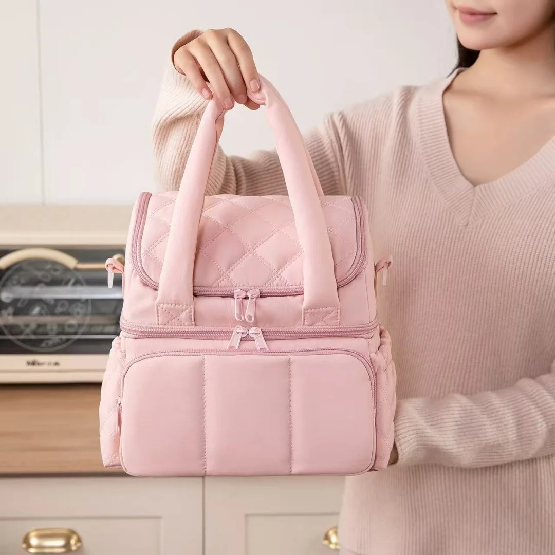 Double-Layer Insulated Lunch Box Tote Bag, Quilted Women's Lunch Bag, Lunch Bag for Work and Commuting, High Aesthetic Value