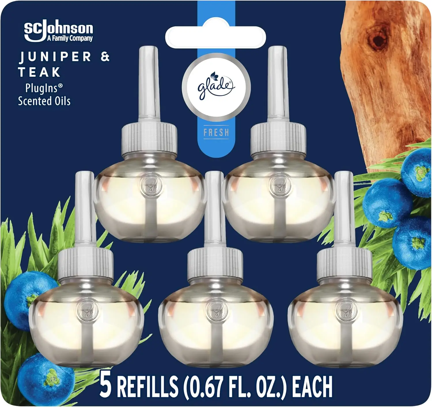 

Juniper & Teak Scented Oil Refills for Plug-in Warmers, 5-Pack Air Freshener for Home and Bathroom, 3.35 Fl Oz