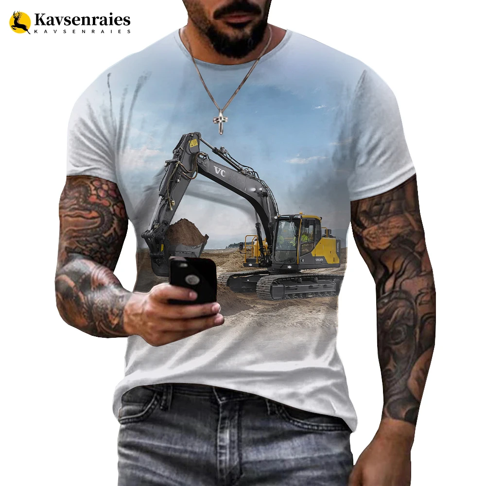 Máquina escavadora 3d t-shirts masculina moda verão casual t camisa pesada impressão 3d manga curta streetwear topos de grandes dimensões