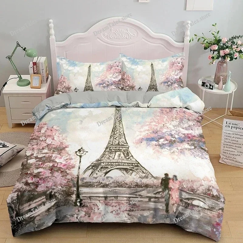 Eiffel Tower Duvet Cover Romantic Couple Flower King Comforter Cover Microfiber France Paris Cityscape Bedding Set For Girl Teen