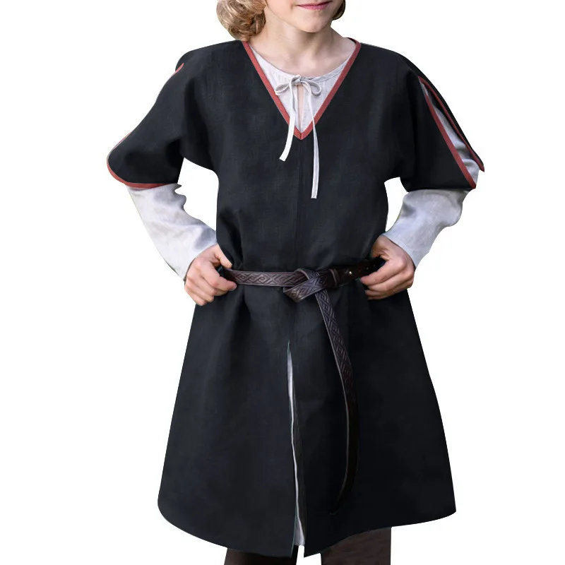 

Boy Girl Medieval Knight Warrior Costume Green Tunic Clothing Norman Chevalier Braid Viking Pirate Saxon LARP Top Shirt For Kids