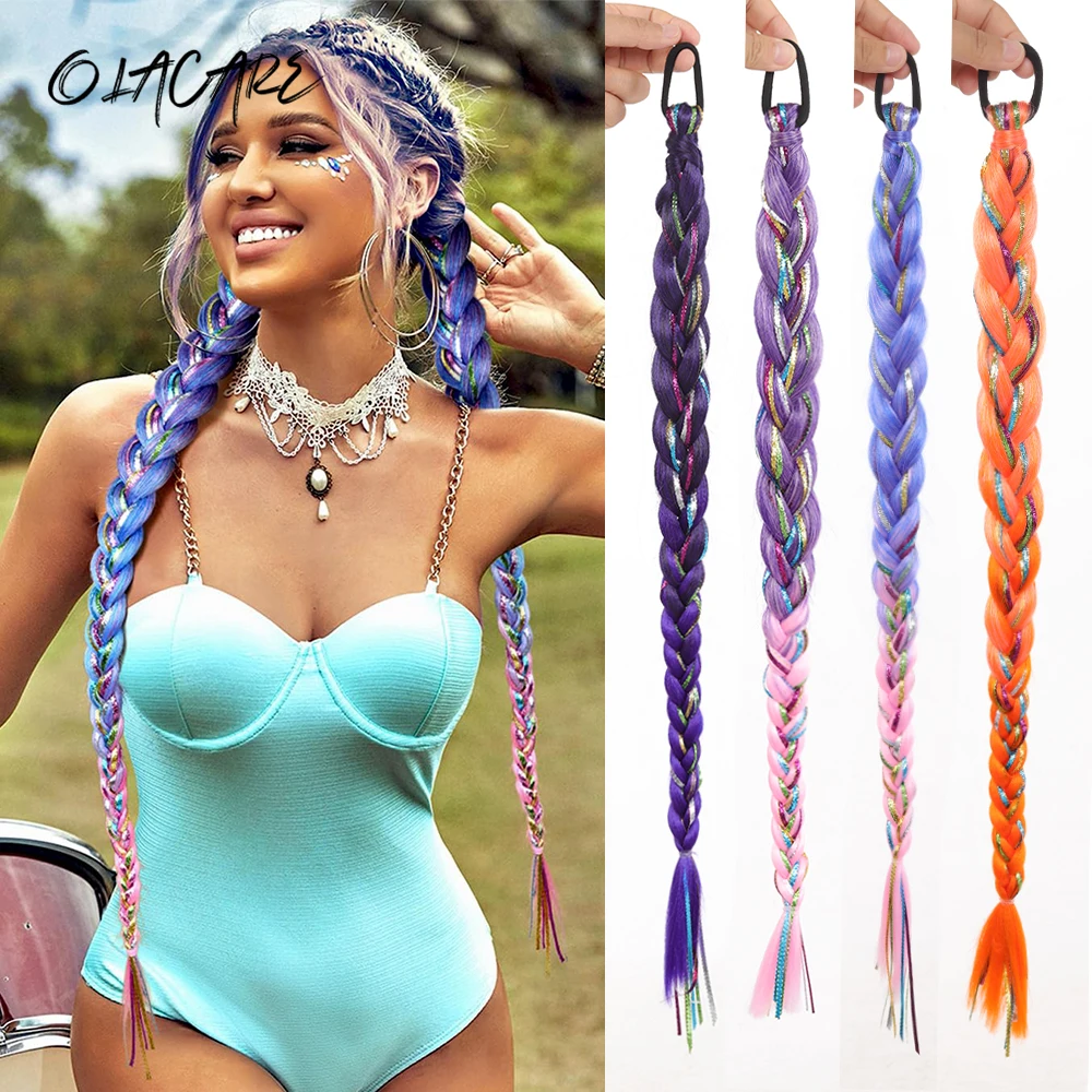 OLACARE Long Braided with Elastic Rubber Band Synthetic Braided Tinsel Colorful Braid Ponytail Extensions for Women Daily Party