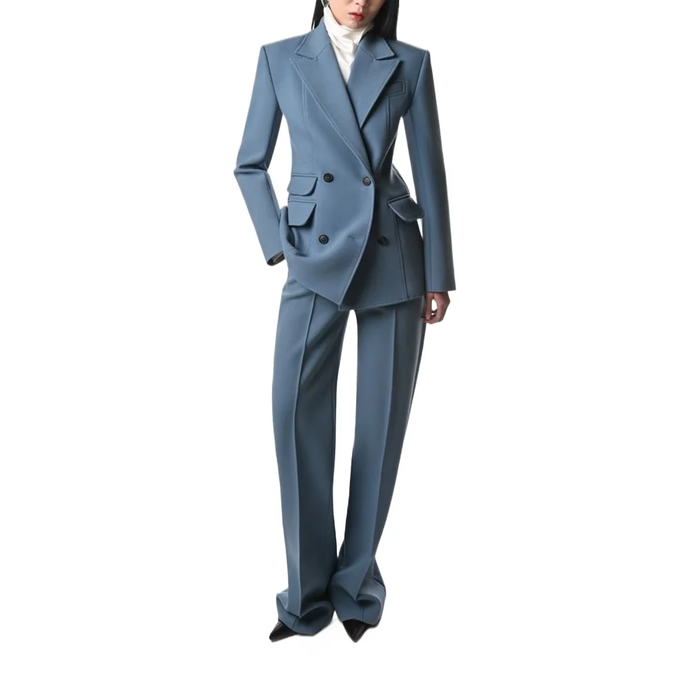 Costumes Chic bleu brume à Double boutonnage pour femmes, 2 pièces, Blazer et pantalon, ensemble personnalisé, costumes de soirée formels pour bureau