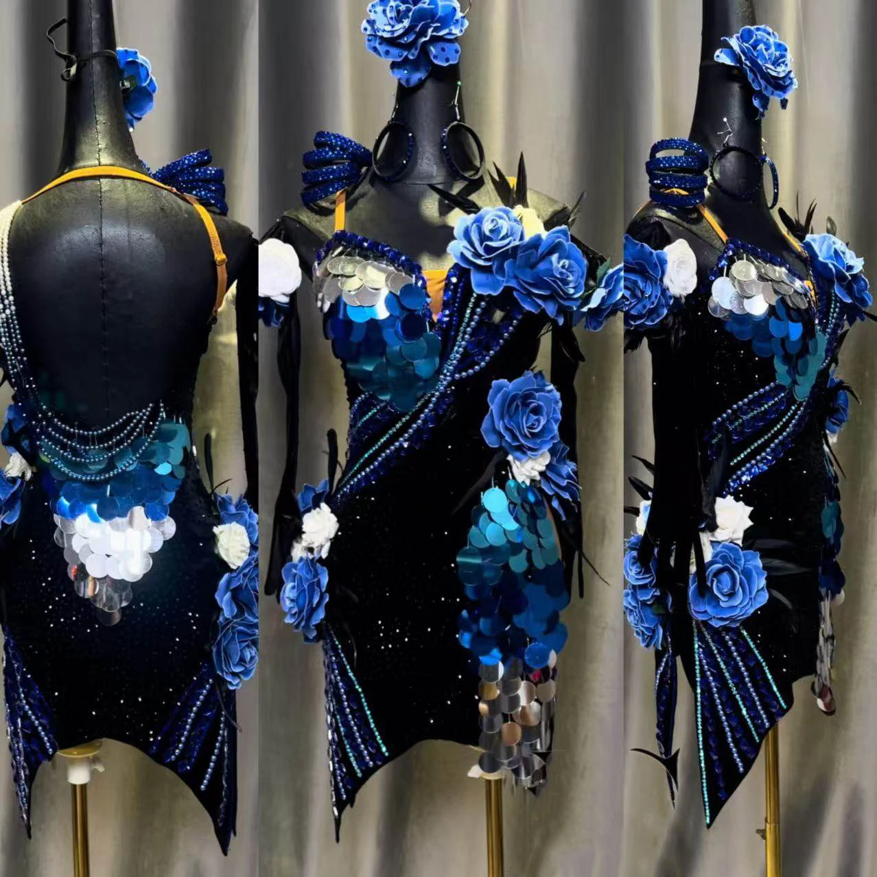 

Latin Dance AB Stone Female Adult Children High end Customized Klein Blue Flower Dress Black Pool Samba Performance Dress