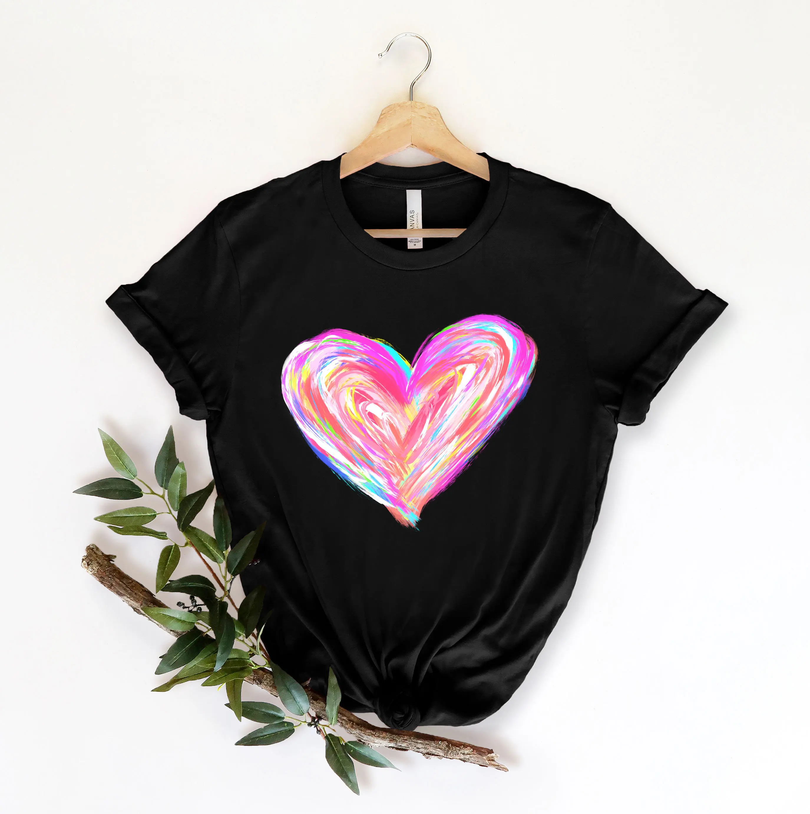 Colorful Love Valentine's Day Woem T-shirt Cotton 2024 New Fashion Watercolor Heart Valentines Women Shirt Voguish Valentine Tee