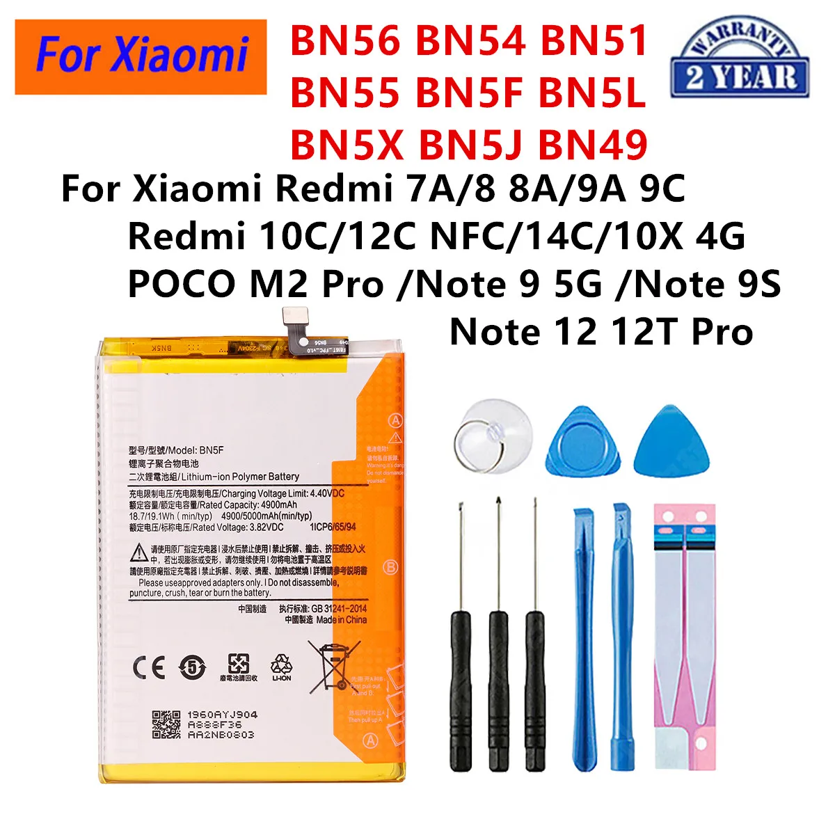 BN54 BN51 BN55 BN5F BN5L BN5X BN5J  Battery For Xiaomi Redmi 9A 9C 7A 8A Redmi 10C 12C 14C 10X Xiaomi Note 9S