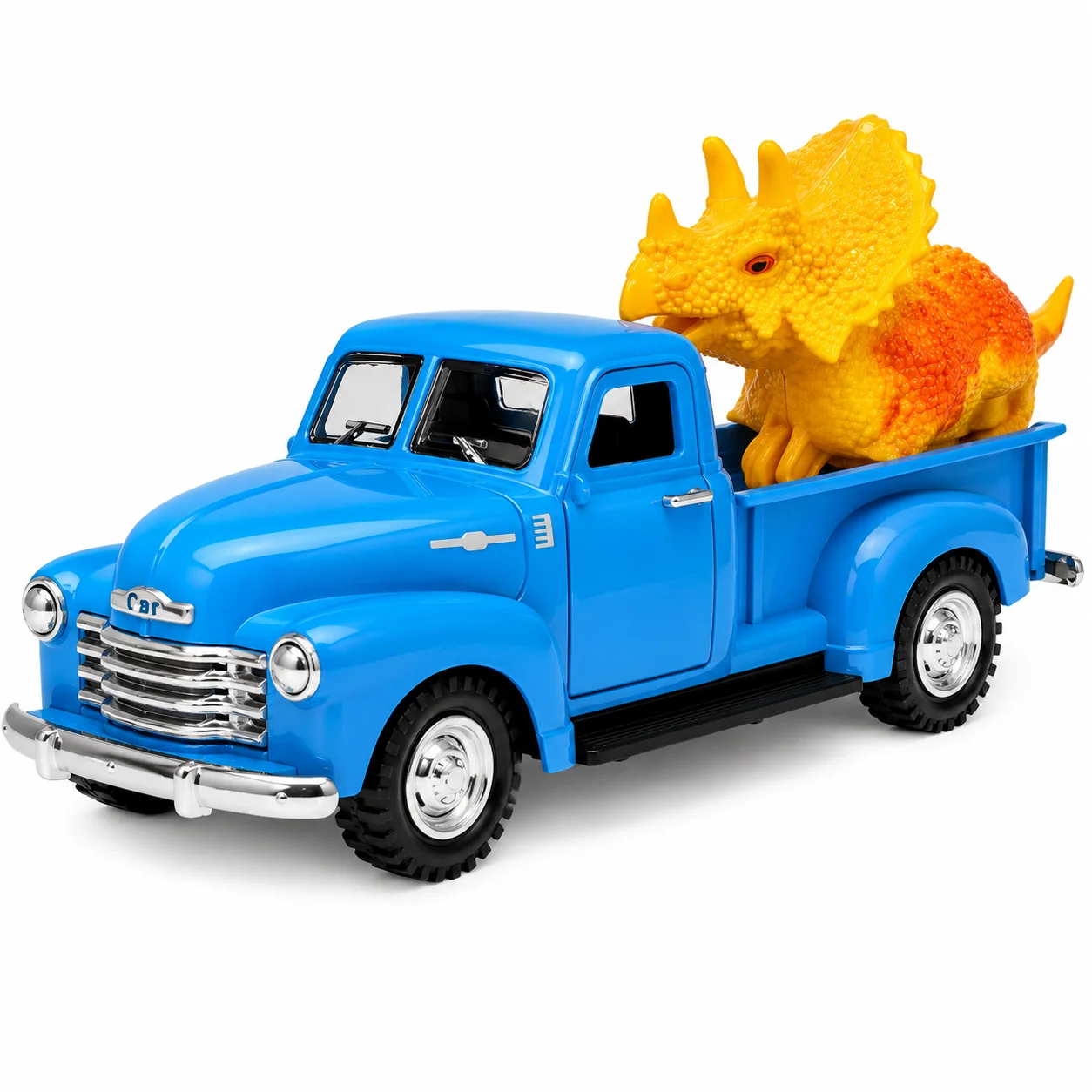 MQUDUO 1:36 Retro Blue Pickup Truck with Triceratops Toy Figure, Dinosaur Cargo Transport Vehicle for Display Collecting Gift