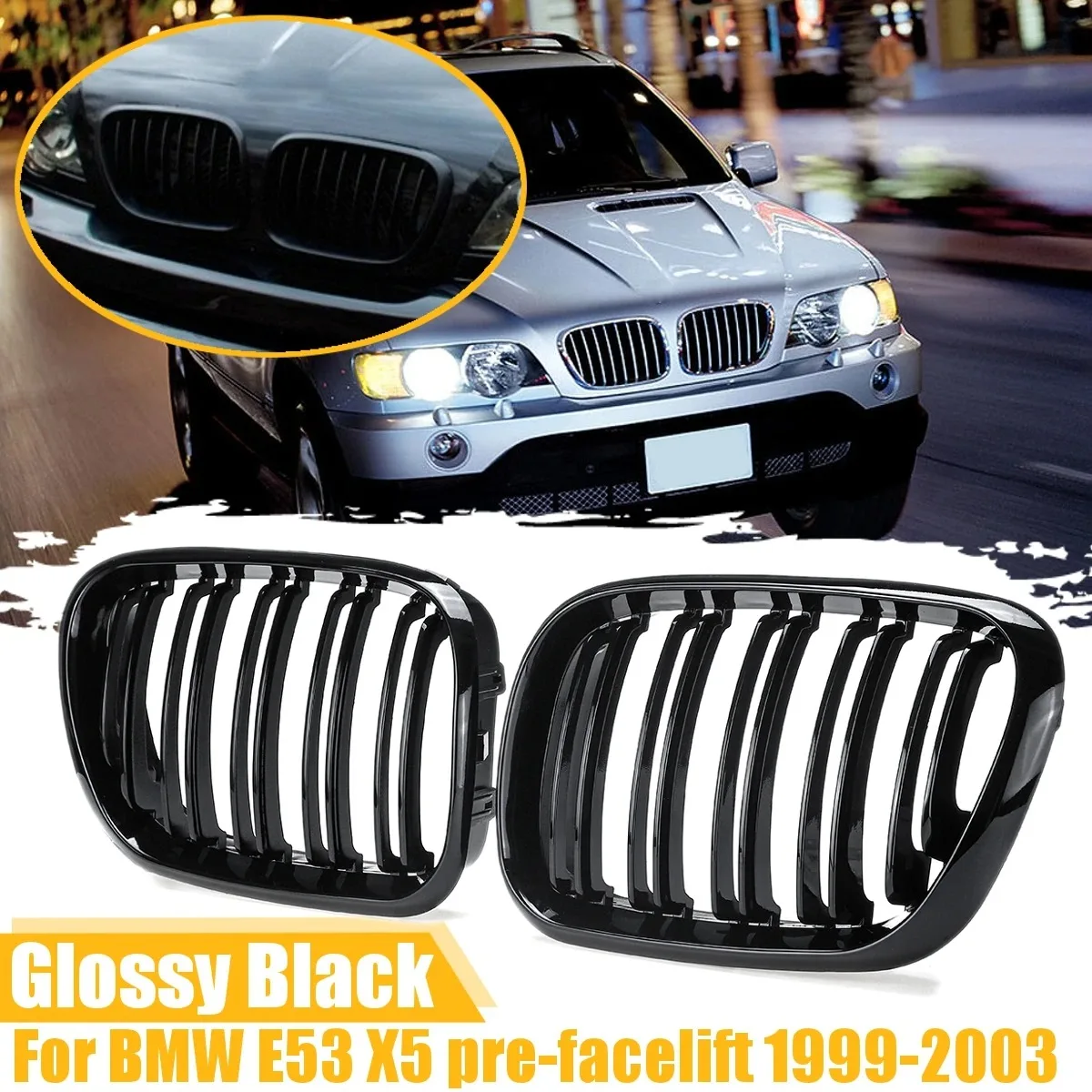 Front Kidney Grill Dual Slats Car Gloss Black Racing Grill Replacement For BMW X5 E53 Pre-LCI 1999 2000 2001 2002 2003 Car Grill