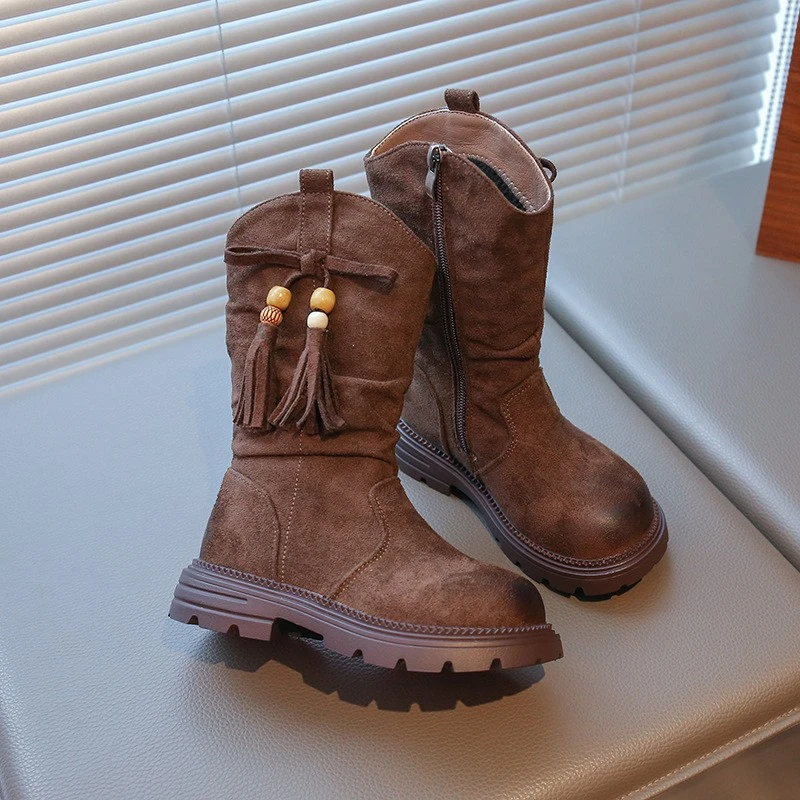 

2025 autumn and winter new girls' high top leather boots retro style fashion boots side zipper tassel personalized fashion boots