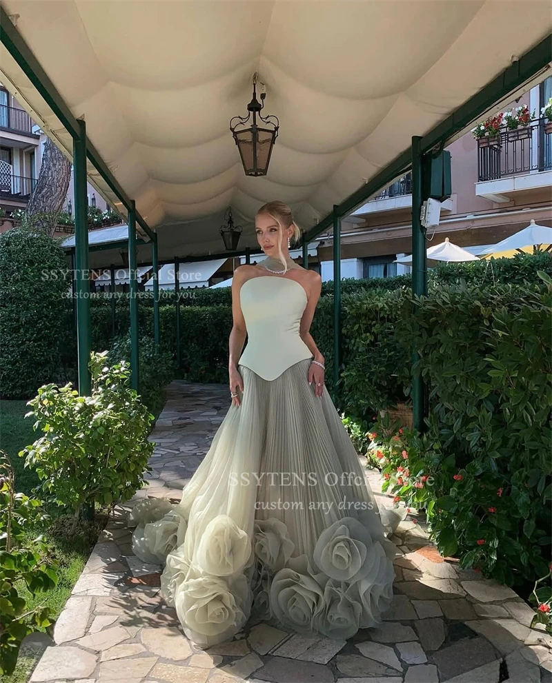 SSYTENS Elegante 3D-Blumen Abendkleider Satin A-Linie Saudi-Arabien Muslim Formeller Anlass Vestidos De Fiesta Noche Maßgeschneidert