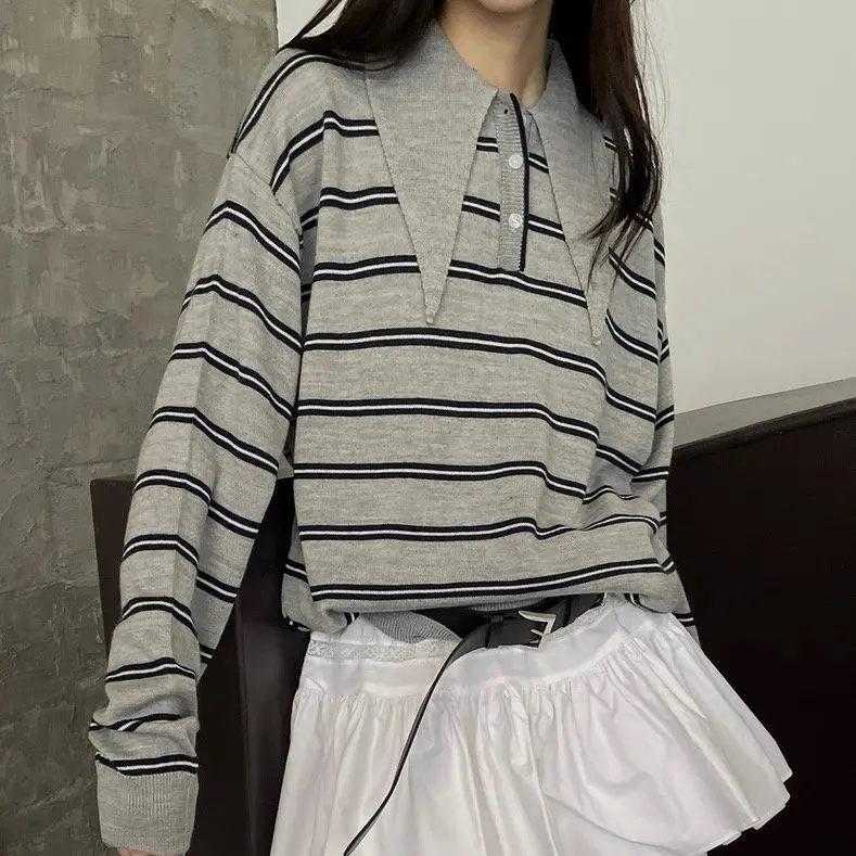

Стильный винтажный осенний вязаный топ для женщин: повседневный, свободный, с длинным рукавом, воротником-стойкой, в полоску, с цветовыми блоками