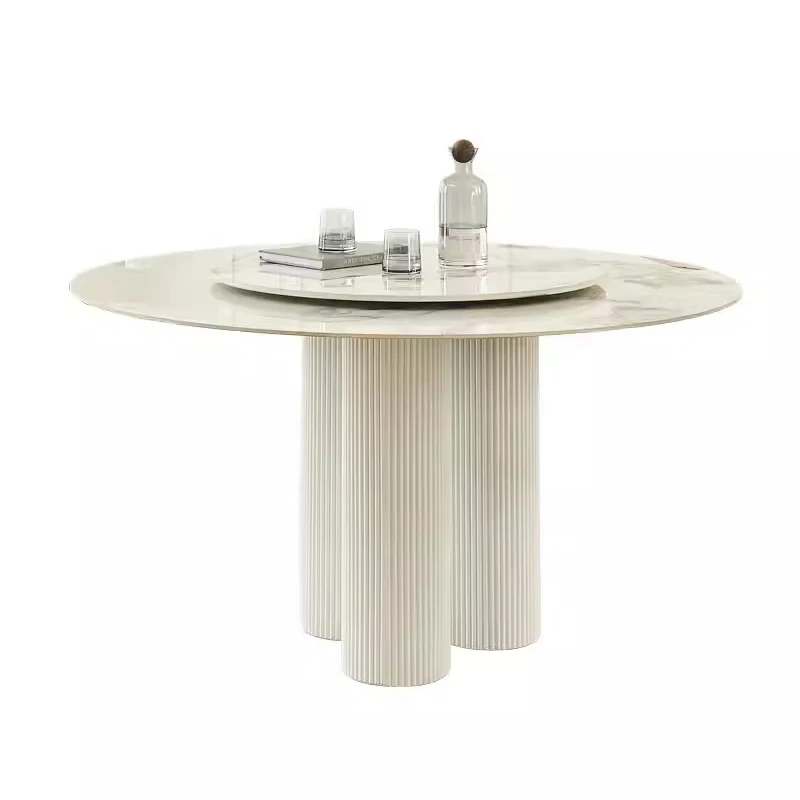 

Rock slab round dining table and chairs, turntable modern simple Nordic size apartment dining table combination