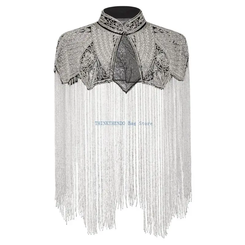 340D Fashionable Black Silver Dress Capelet Hand Beaded Detail Shawl For Stylish Look