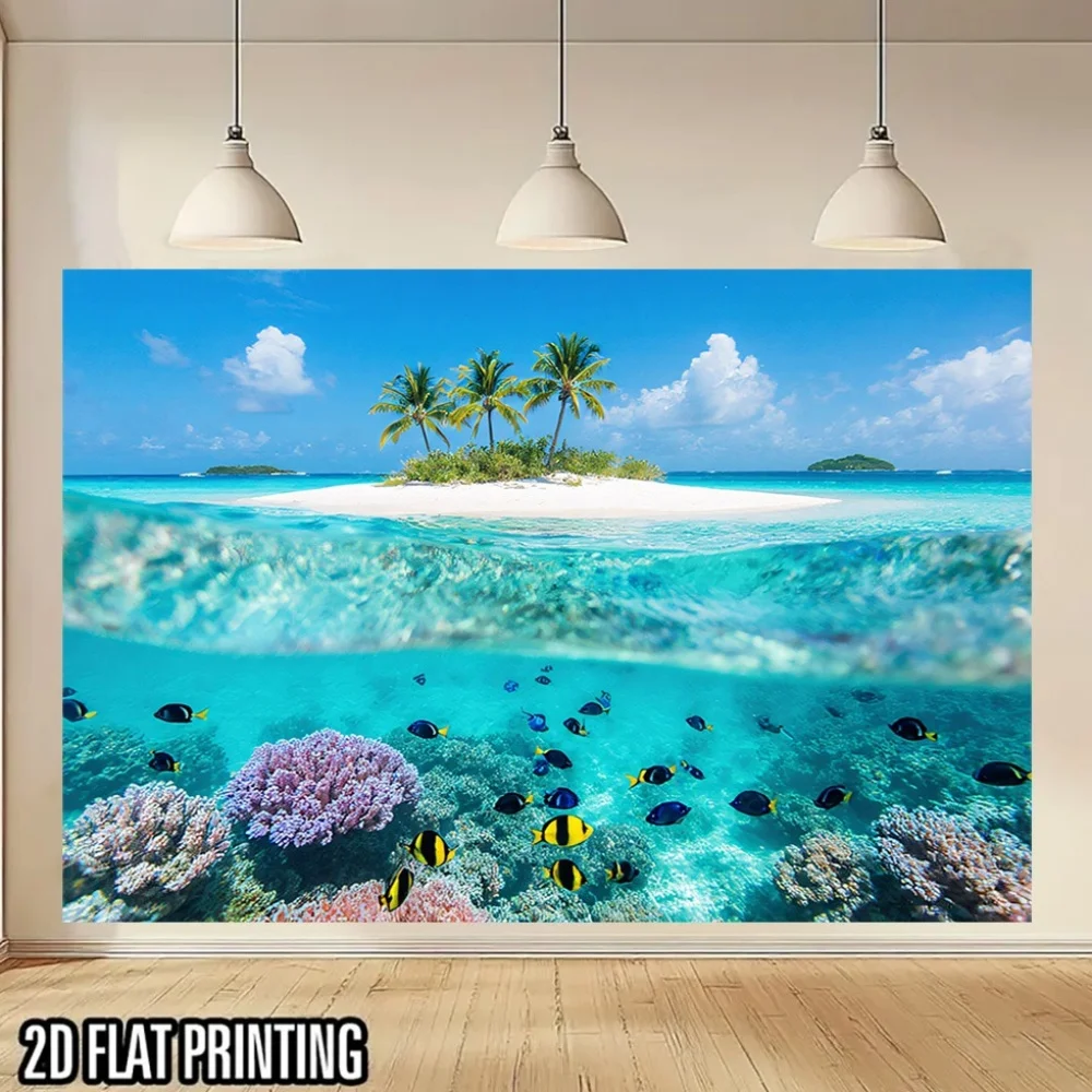 1pc Tropical Island Backdrop Banner with Schools of Reef Fish - UV Printed Polyester, Easy to Hang, No Electricity Needed - Perf