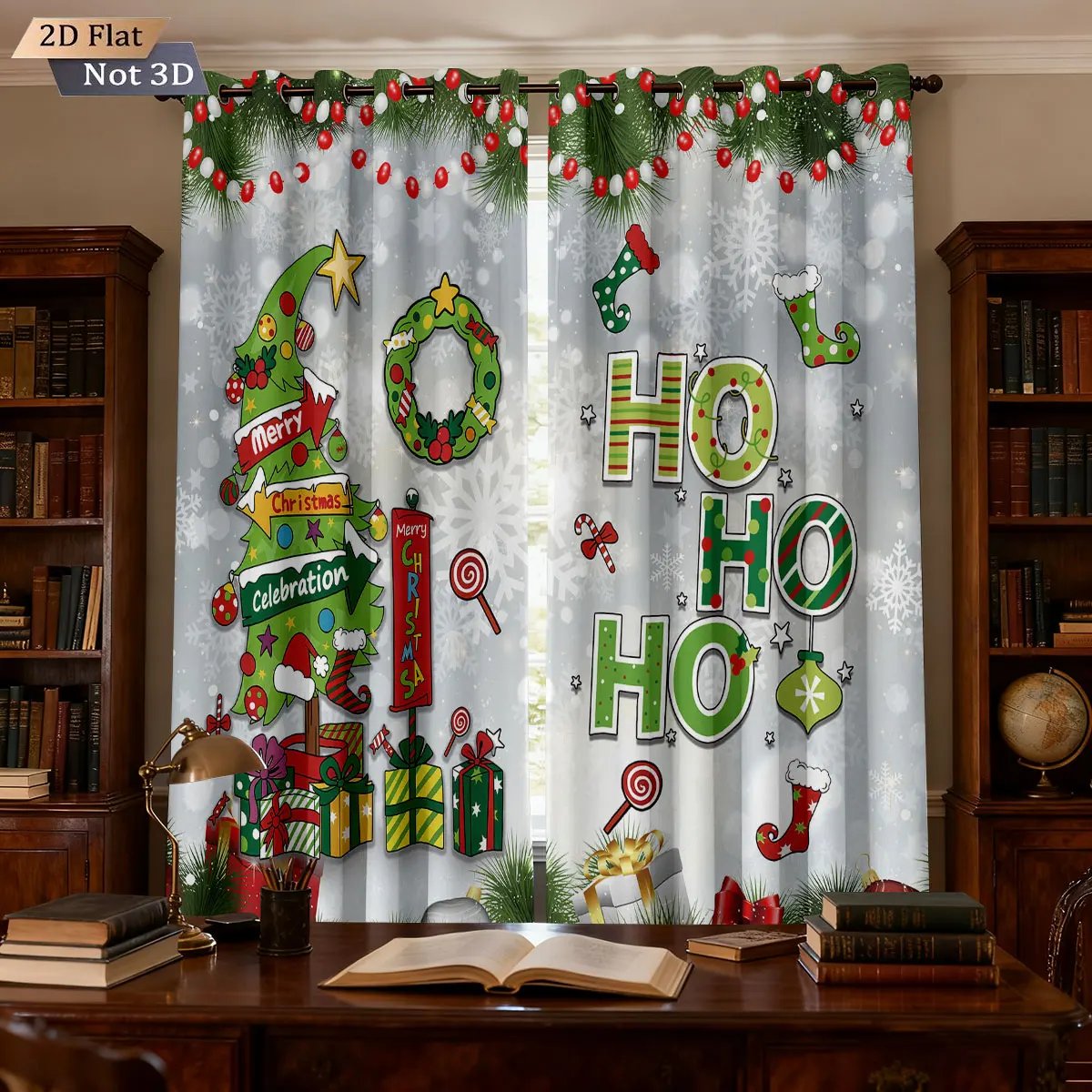 2 Stück Cartoon Weihnachtsbaum HO Element Druck perforierter Verdunkelungsvorhang verschiedene Größen Wohnzimmer Schlafzimmer Isolierung Dekoration