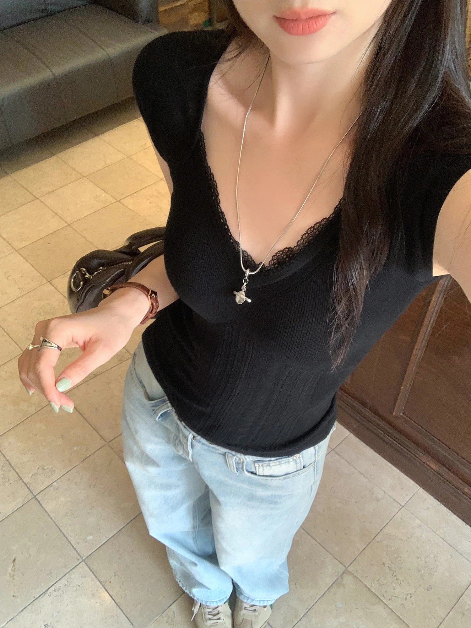 Summer Korean Style Lace Trim V-Neck Thin Knitted Short Sleeve Women's Top Waist-Cinched Breathable Polyester Fiber Knitwear