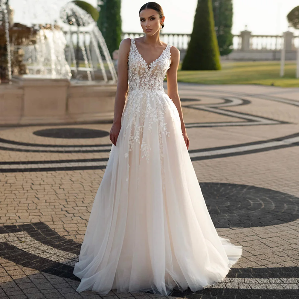 

Boho Wedding Dress Vestido De Noiva Customized Brides Dreess Princess V Neck Lace Applique Backless Tulle A Line Bridal Gowns