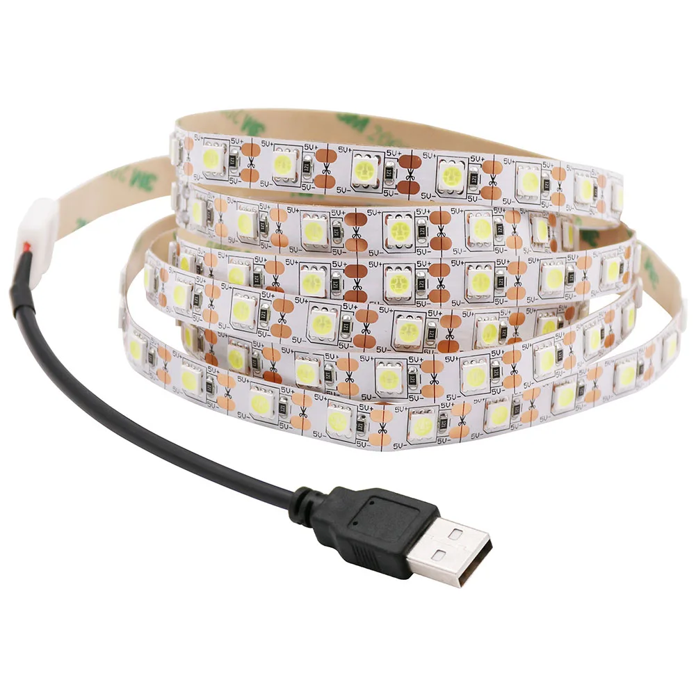 5V pasek LED USB 5050 zimny biały/ciepły biały oświetlenie tła do TV 60LEDs/m złącze na zatrzask USB 30cm 50cm 1m 2m 3m 4m 5m zestaw.