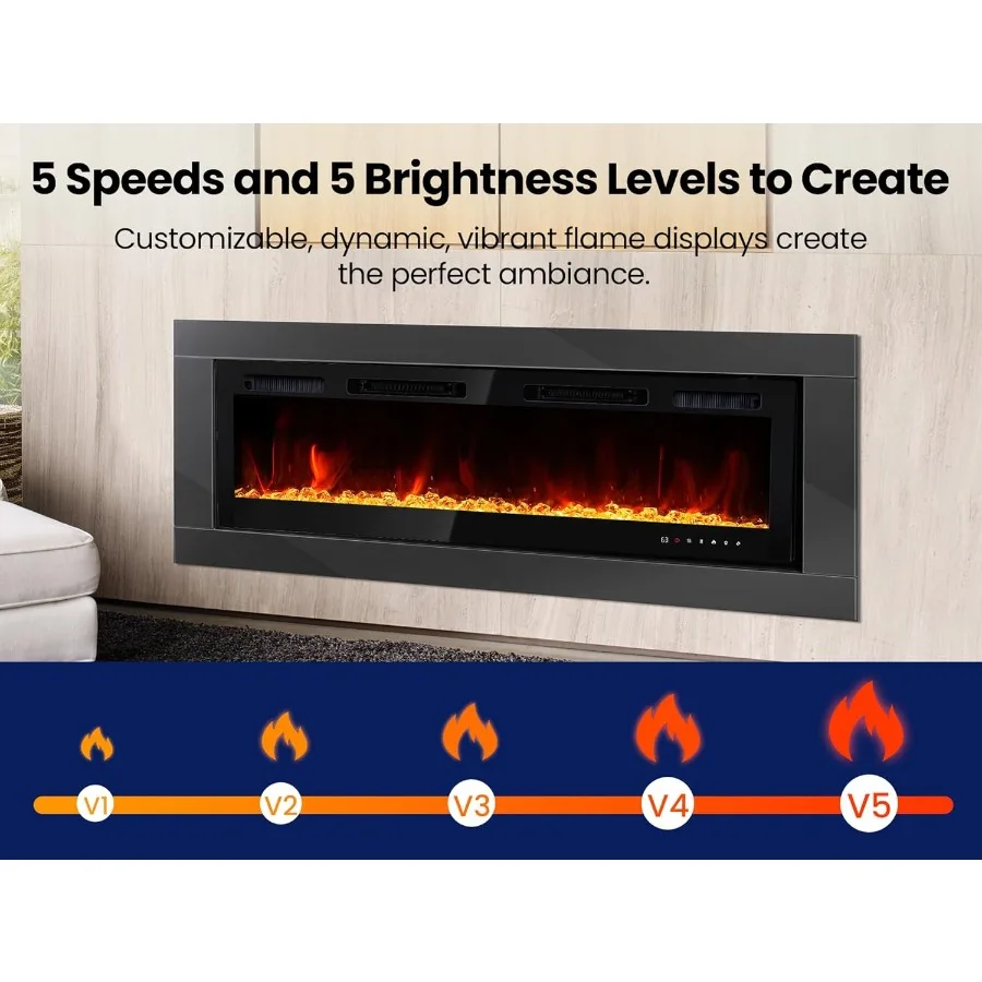 Camino elettrico a parete 60 con potenza di riscaldamento da 1500 W Design da incasso per soggiorno o camera da letto 3 modalità di riscaldamento Slim Bla