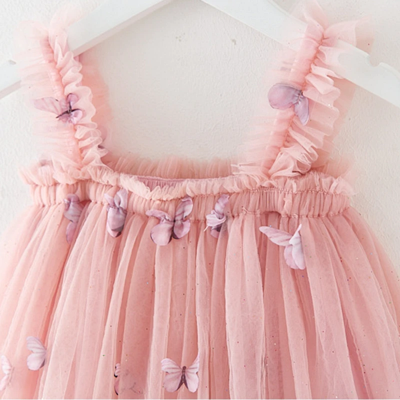 2024 New Summer Dress for Baby Girl Butterfly Tulle Tutu Princess Dress Kids Birthday Party Strap Dress for 1-5Y Toddler Clothes