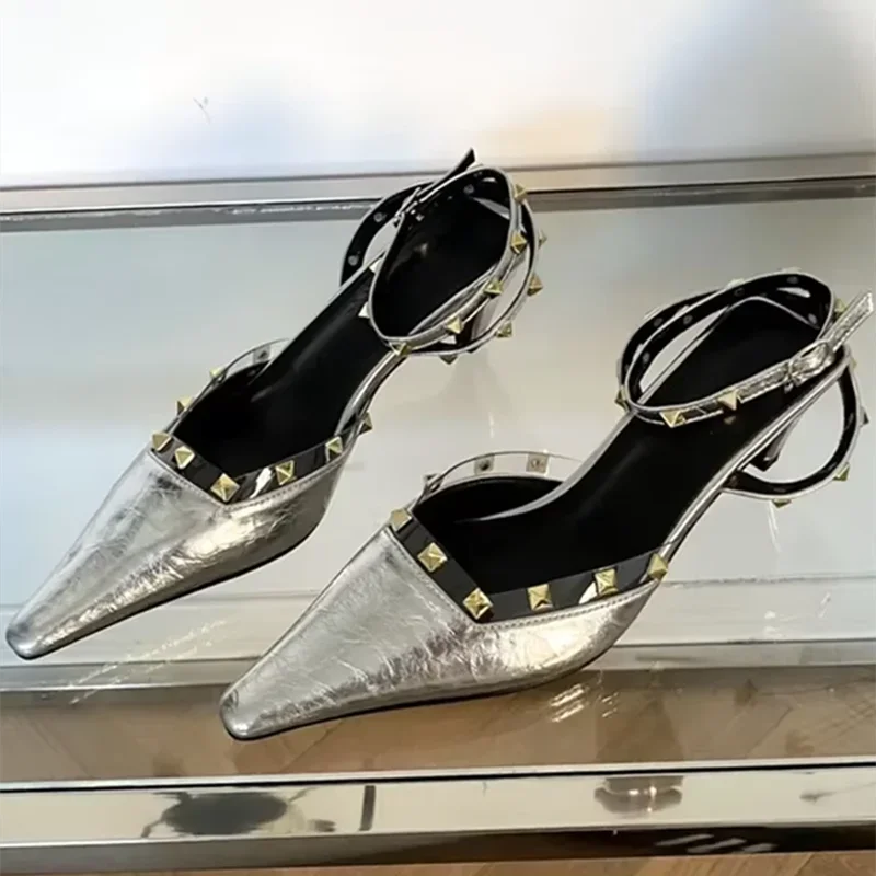 

Gold Silver Rivet Designer High Heels Women Sexy Pointed Toe Leather Pattern Women Pumps Slingbacks Heeled Sandals Party Shoes
