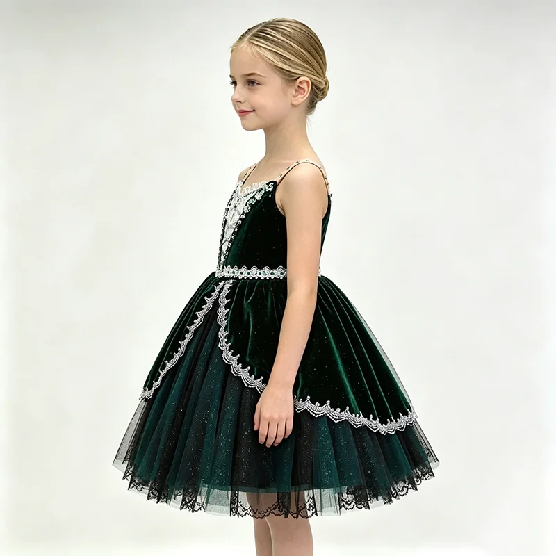 Kids dark green camisole floral embroidery rhinestone ballet tutu dress lace spliced fluffy dance dress for solo ballet contest