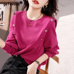 Korean Fashion O Neck Long Sleeve Buttons Chic Sweet Pullover Top Female Casual Solid Loose Streetwear Sweatshirt Women Clothing