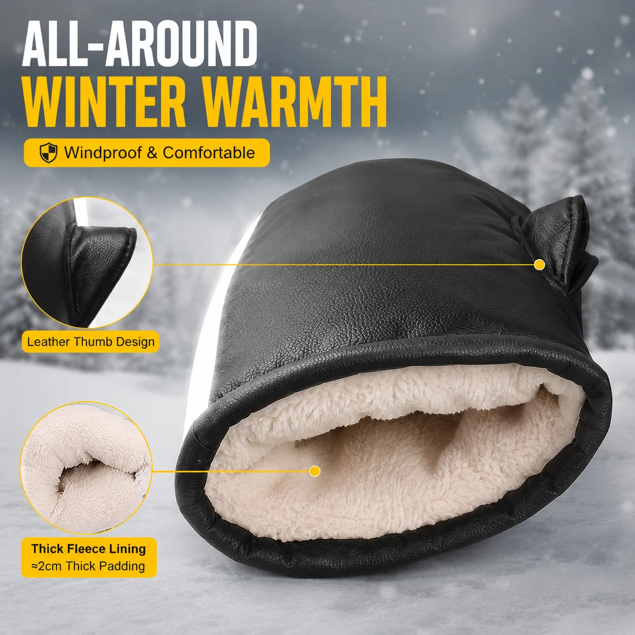 Winter Motorcycle Handlebar Muffs PU Leather Waterproof Warm Gloves With Reflective Strip Thick Fleece Lined Scooter E‑Bike Hand