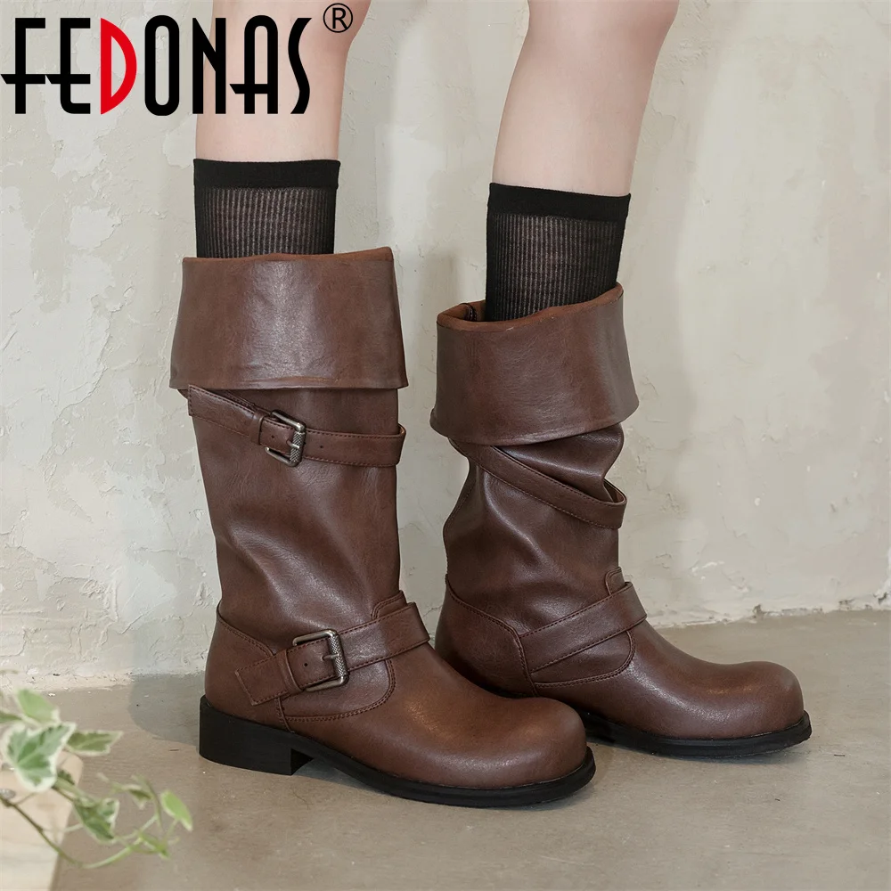 FEDONAS женские сапоги до колена, новые мотоциклетные ботинки из натуральной кожи в британском стиле в стиле панк-рок, женские осенне-зимние ботинки