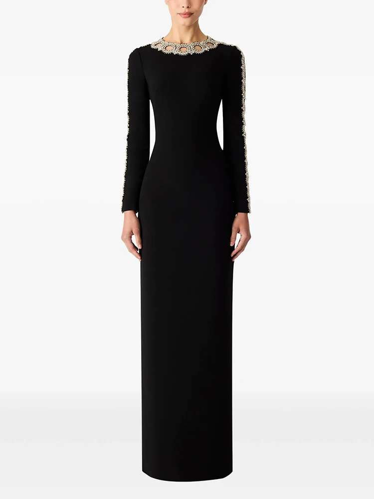 

HIGH STREET Newest 2025 Designer Fashion Women' Hollow Out Long Sleeve Diamonds Beaded Long Sleeved Dress