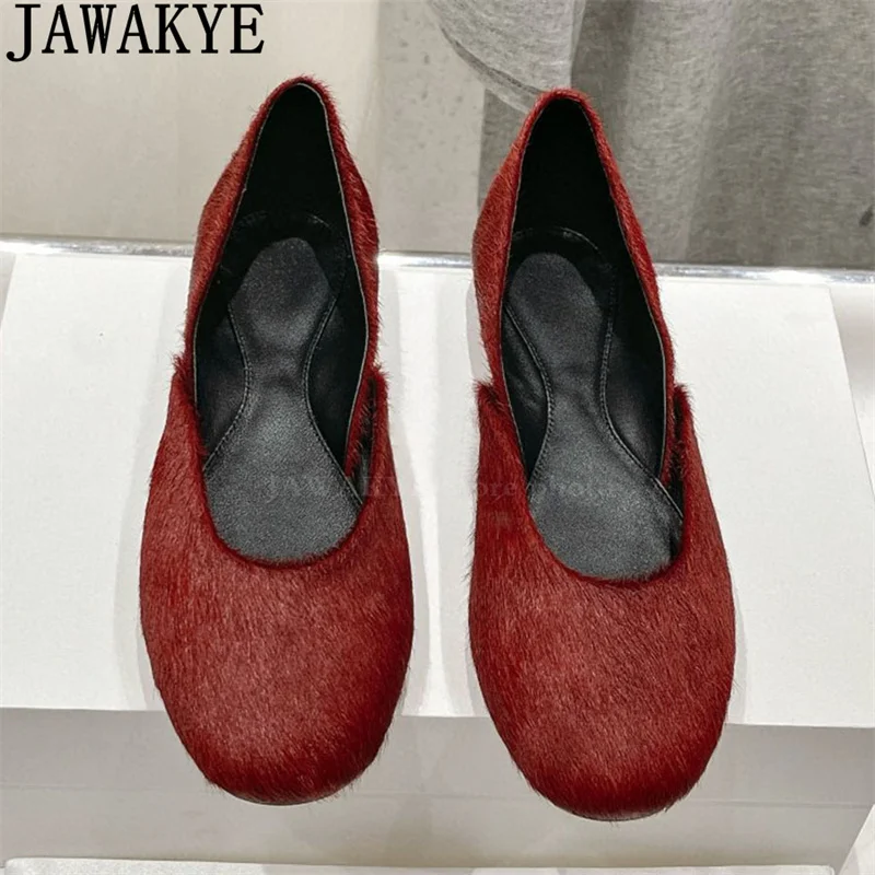 

Horsehair Suede Round Wrap Toe Flat Shoes Women Low Heel loafer Shoes Summer Luxury Designer Dance Walk Shoes Mujer