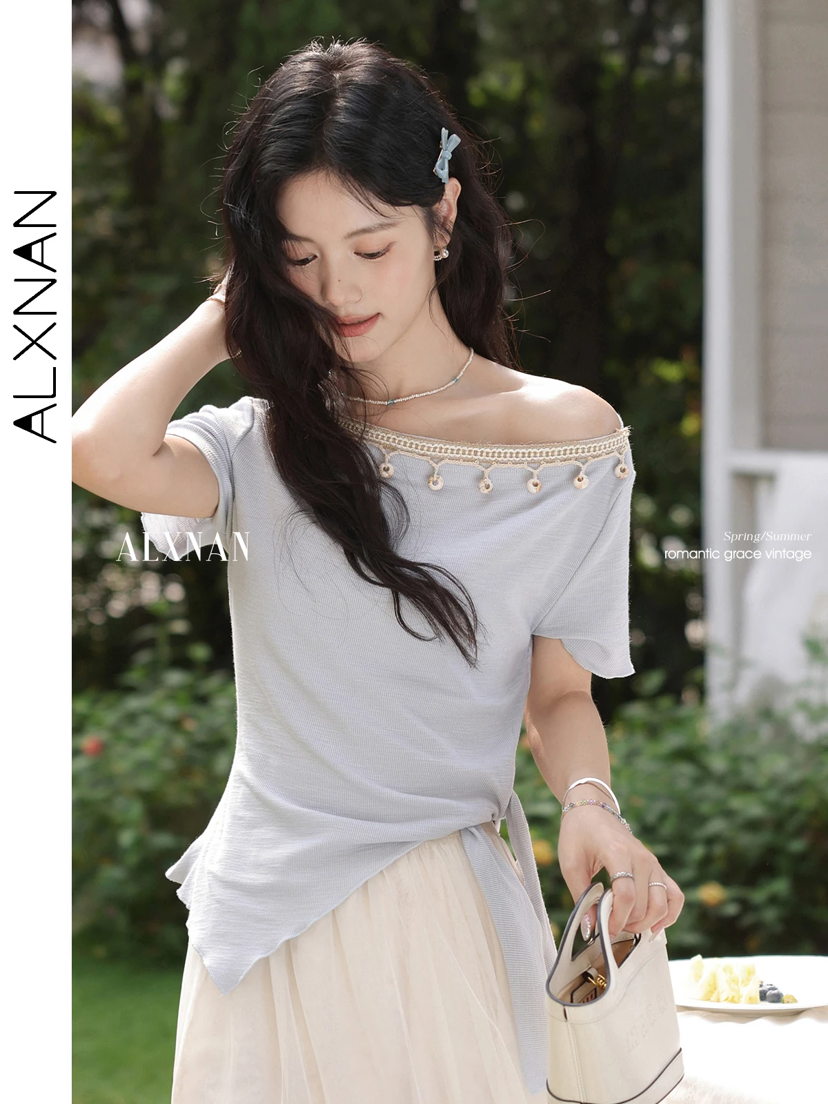 

ALXNAN Women's T-shirt Off-shoulder Beaded Irregular Design T-shirt 2025 Summer Elegant Short Sleeve Tops Ladies L551112 L55327