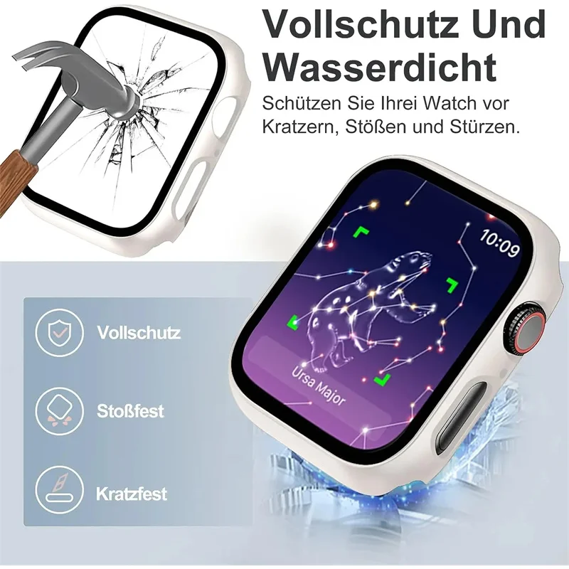 Закаленное стекло + крышка для Apple Watch, аксессуары 45 мм, 41 мм, 44 мм, 40-42 мм, защитная пленка для экрана, чехол для умных часов серии 9, 8 7