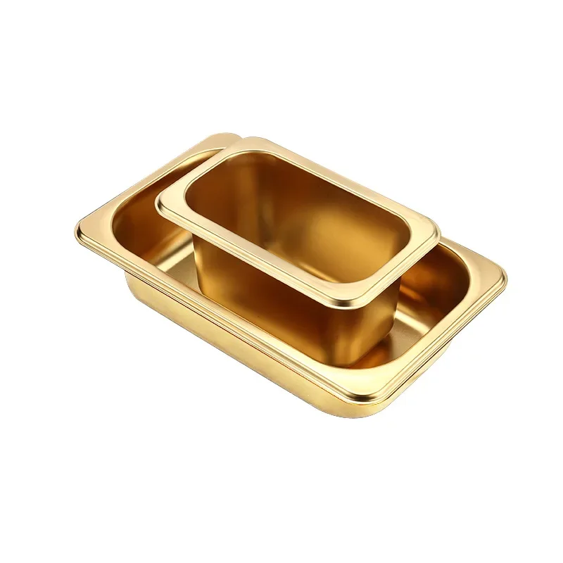 Golden Food Buffet Basin Plates 304 Stainless Steel Square Pots Tray Dishes Sauce Box Jam Boxes Canteen Fast Food Truck Dish