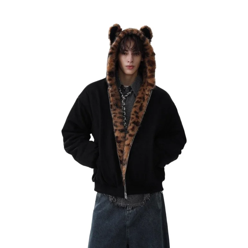 

fashion and leisure Winter Warm Thick Plush Padded Coat Men's Mountain Carving Tiger Pattern Hairy Collar Handsome Couple Coat