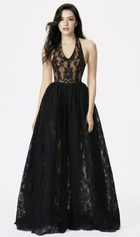 Black Halter Deep V Lace Evening Gown, Sheer Bodice Tulle Maxi Ball Dress