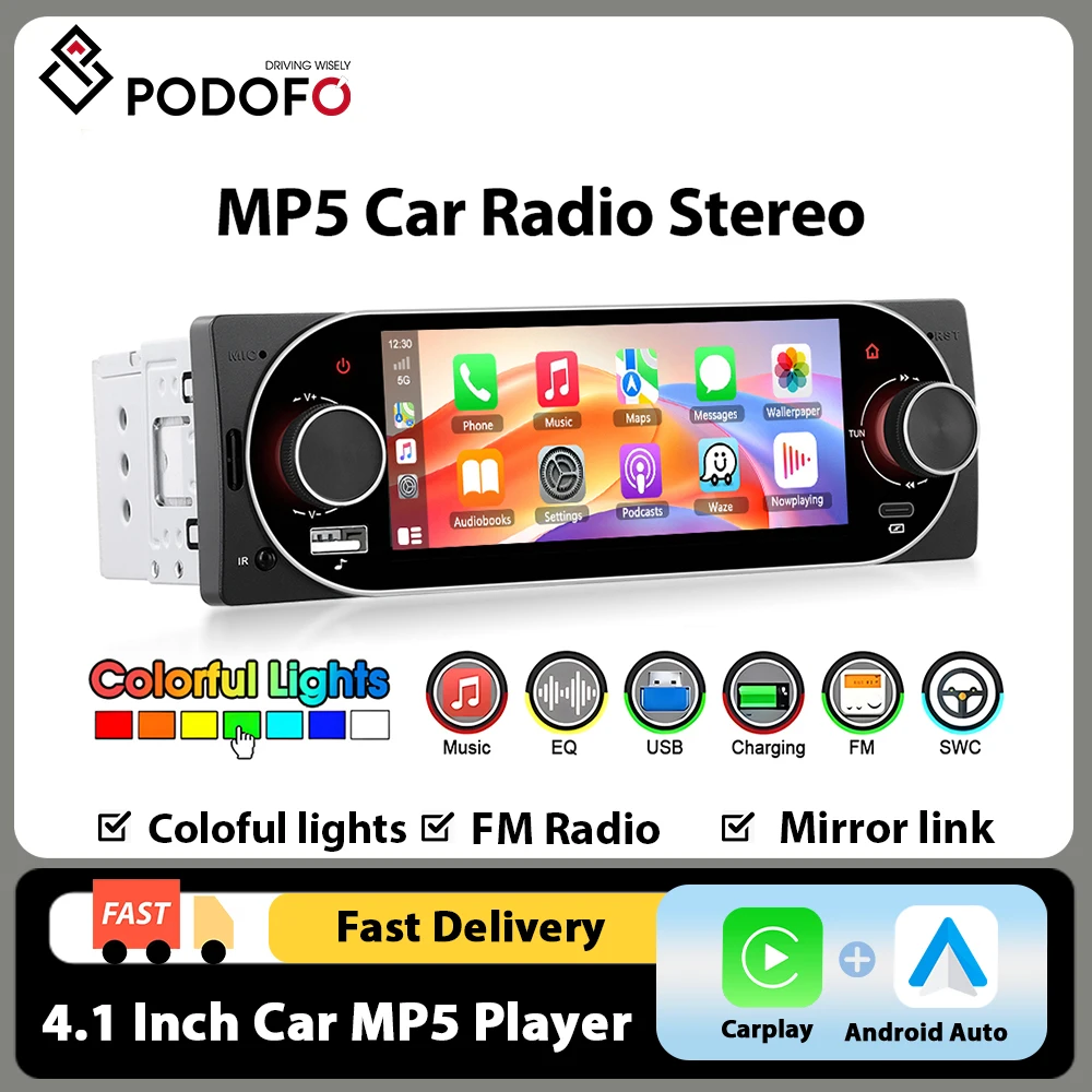 Podofo 1DIN 5,1 Zoll Universal-Autoradio mit integriertem Wireless CarPlay, Android Auto, Unterstützung für Mirrorlink, Bluetooth, FM und Rückfahrkamera