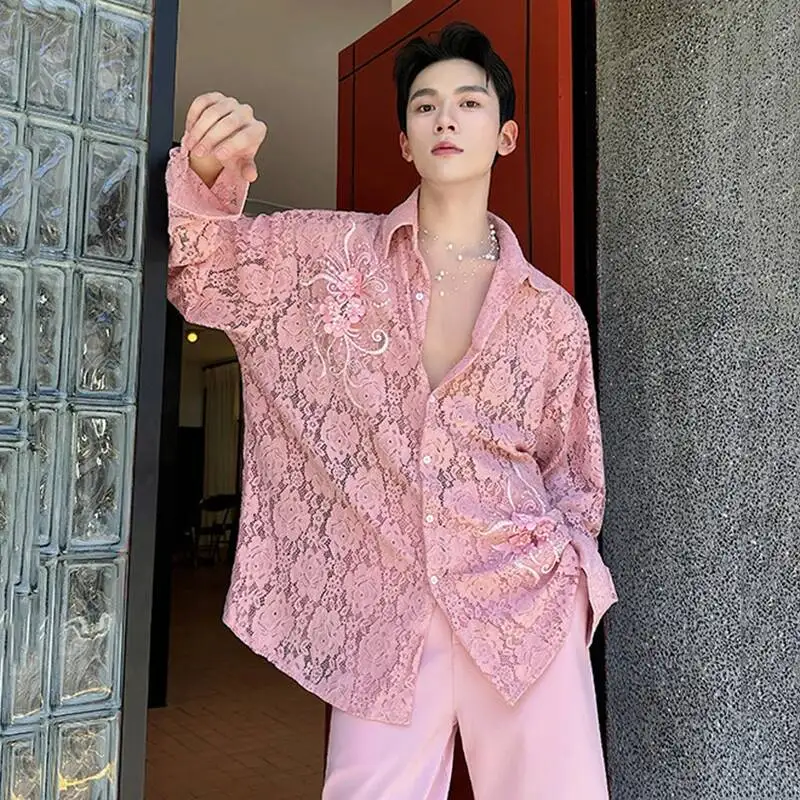 Fashion Men's Shirts Turn-down Collar Lace Dimensional Embroidery See-through Long Sleeved Single Breatsed Male Tops 9X3GDS