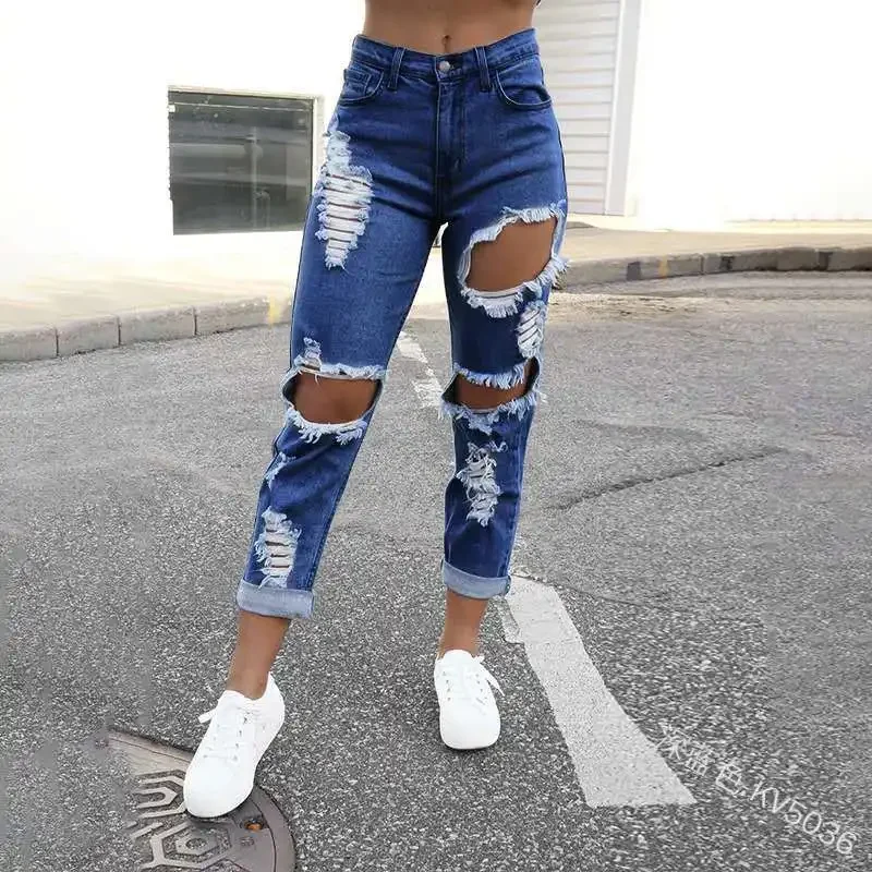 Casual Summer Ripped Hole Straight Denim Pants Y2K INS Clothes Streetwear Womens Fashion Mid Waisted Jeans