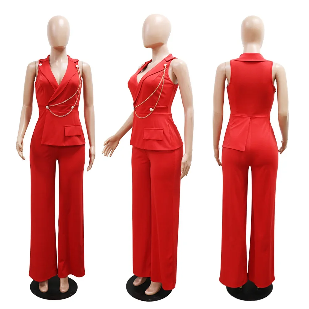 Office Lady Jumpsuits Solid Sleeveless Lapel Neck Rompers 2024 Autumn Elegant Workout Activewear Sexy Deep V Neck One Piece