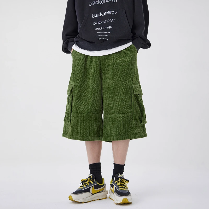 Men Summer Streetwear Fashion Loose Casual Plus Size Wide Leg Calf-length Corduroy Cargo Shorts Baggy Pants Cityboy Shorts