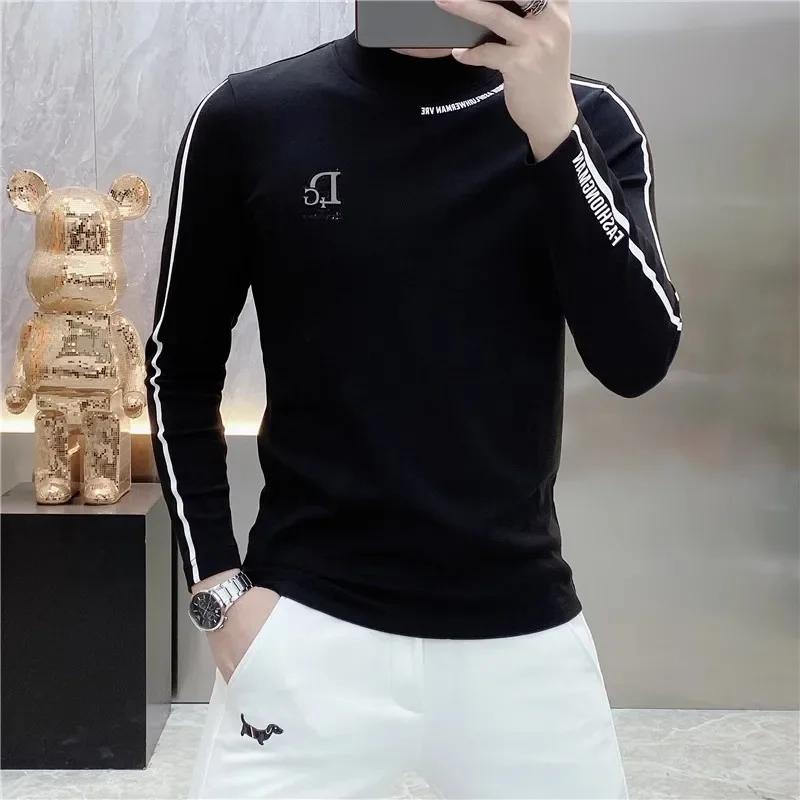 Luxury Embroidery Half High Collar Bottoming Shirt for Men Slim Fit Casual Long Sleeved T-shirts Social Sweatshirt Pullover image 2