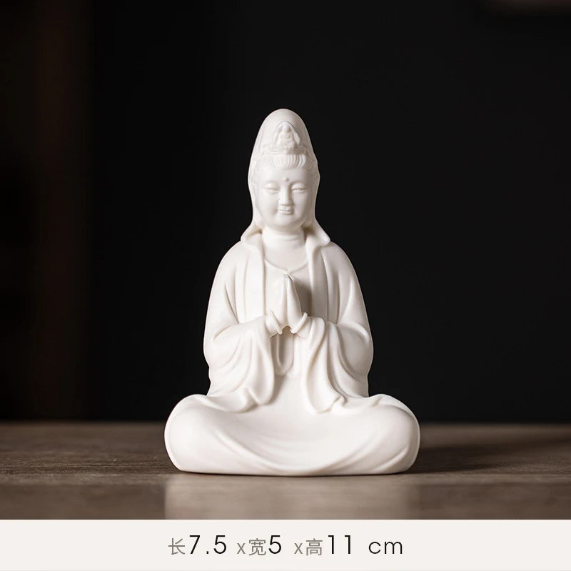 New Chinese-Style Guanyin Ceramic Ornament With Hands Clasped, Simulated Pine Needles, LED Light Ring For Home Desktop Decoratio